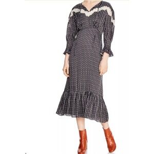 Sandro Paris Floral Print Maxi Dress Marceau Lace Trim Tie Neck Long Sleeve